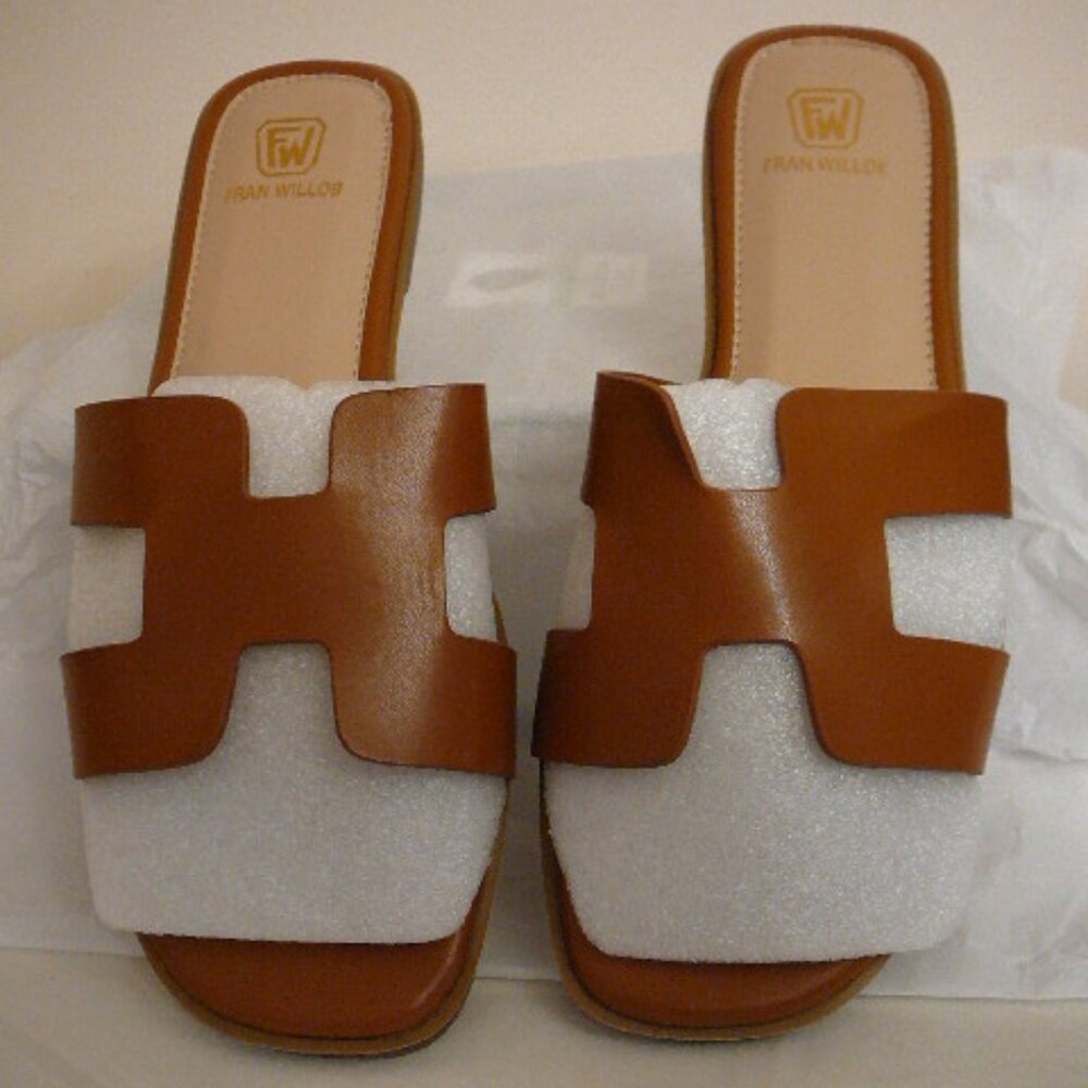 Fran Willor Brown Flat Sandals Comfortable Slide Sandals Square Open Toe-Sz 10